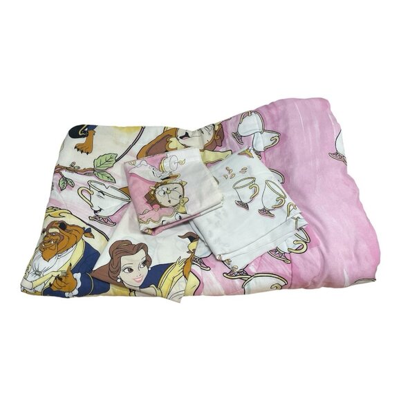 Vtg 90's Beauty and The Beast Twin Comforter Fitted Sheet Pillowcase Valance - Picture 1 of 5